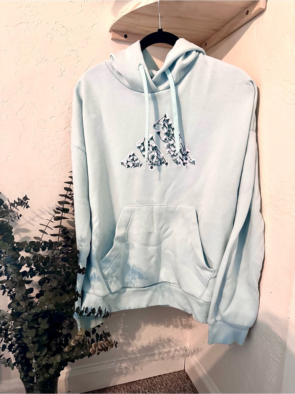adidas Light Blue Pullover Hoodie with Floral Trefoil